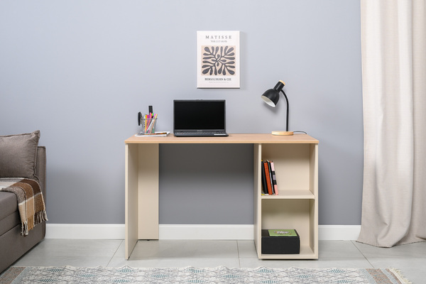 Стол письменный Лайт 12.163 сатин 7045 SU, гикори рокфорд натуральный KO86 PW, сборка на любую сторону, два варианта сборки тумбы