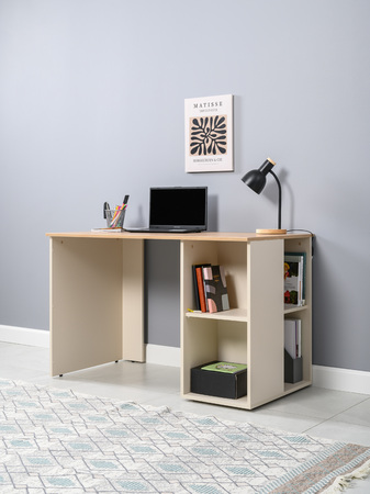 Стол письменный Лайт 12.163 сатин 7045 SU, гикори рокфорд натуральный KO86 PW, сборка на любую сторону, два варианта сборки тумбы