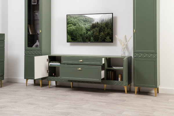 Гостиная Марион композиция 2 дымчатый зеленый K521, олива шагрень AG 1050 ПВХ, белый PE шагрень (собирается на любую сторону)