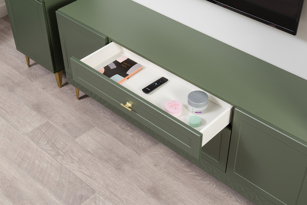 Гостиная Марион композиция 2 дымчатый зеленый K521, олива шагрень AG 1050 ПВХ, белый PE шагрень (собирается на любую сторону)